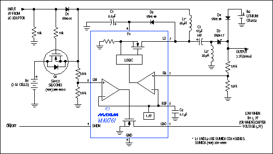 能源管理的小型便携式系统-Energy Management,Figure 3. This low-current step-up/step-down regulator supplies 3.3V at 200mA. Q1 automatically disconnects the B1 battery when you connect an ac adapter, and a diode-OR circuit allows B2 to back-up the 3.3V output.,第4张