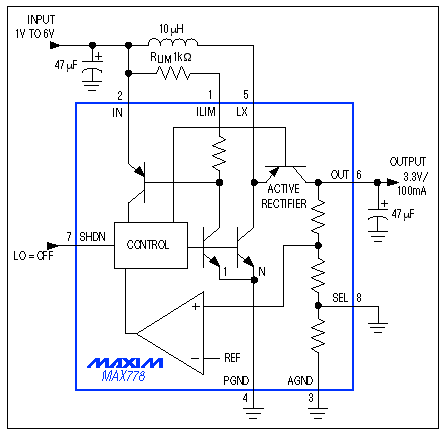 能源管理的小型便携式系统-Energy Management,Figure 7. This single-IC boost converter has an internal synchronous rectifier. It maintains a regulated 3.3V output for inputs ranging from 1V to 6V.,第8张