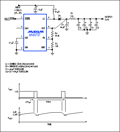 能源管理的小型便携式系统-Energy Management,Figure 11. This circuit includes a large capacitive reservoir that supplies 1.5A transient loads in a GSM cellular telephone. The average load is only 200mA, so the 8-pin, surface-mount, boost-regulator IC requires no external MOSFET.,第12张