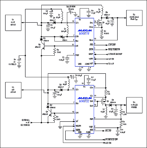 能源管理的小型便携式系统-Energy Management,Figure 13. These two ICs perform a multitude of power-related tasks in a system powered by two AA cells. They generate four supply voltages, supervise the system power, control a lithium backup battery, and provide a switchover between battery and wall-adapter outputs.,第14张