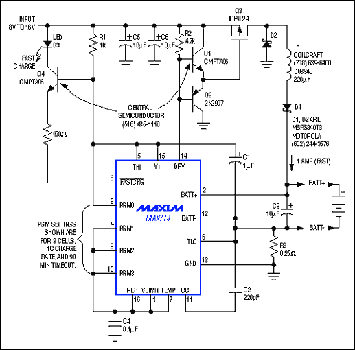 能源管理的小型便携式系统-Energy Management,Figure 15. A low-cost battery-charge controller is the heart of a low-dissipation, fast-charge switch-mode circuit. When the battery is fully charged, the circuit shifts automatically to a C/16 trickle charge.,第16张