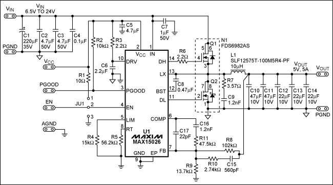 参考设计采用MAX15026为辅助电源的液晶电视或机顶盒-R,Figure 1. Schematic of the MAX15026 synchronous buck converter for a 300kHz switching frequency.,第2张