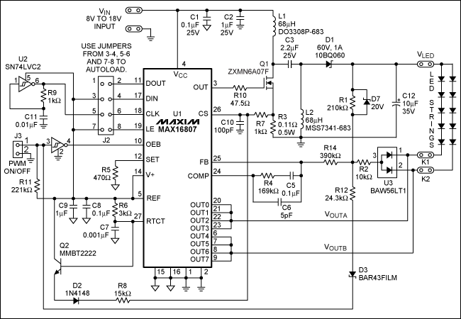 显示器提供背光的高亮度发光二极管和SEPIC电源模块-Dis,Figure 2. Schematic for the Figure 1 circuit using the MAX16807 SEPIC LED driver (VIN = 8V to 18V, VLED = 22V [adaptive], ILED = 150mA/string).,第2张