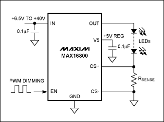 下一代汽车照明电源,图1. MAX16800调光电路的典型应用。工作于6.5V至40V输入范围，能够为1个或多个串联的高亮度LED提供高达350mA电流。,第2张