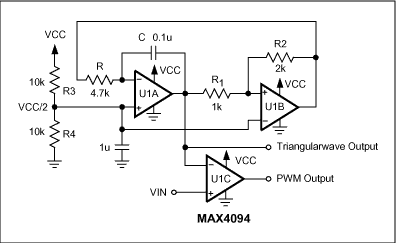 脉宽调制器工作在不同层次的频率和功耗-Pulse-Width,Figure 1.  This 3-op-amp circuit produces a triangular wave and a variable-pulsewidth output.,第2张