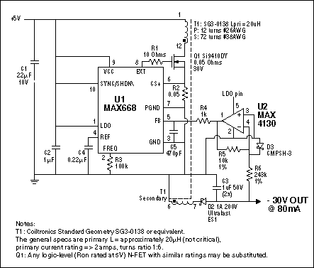 5V Input Converter Generates -,This circuit uses the MAX668 and a transformer (which will need about a one-to-six turns ratio) to make a flyback converter. The op amp inverts the feedback from the negative output voltage. ,第2张