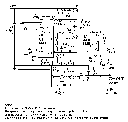 Extending Soft-Start,This circuit uses the MAX668 and a transformer (which will need about a 1:2:2:2 turns ratio) to make a flyback converter. The op amp inverts the feedback from both negative output voltages.,第2张