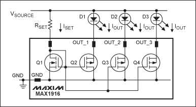 驱动LED的电池供电的应用：控制亮度功率高效-Driving,Figure 7. Simplified diagram of MAX1916 LED current mirrors.,第8张