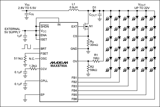 驱动LED的电池供电的应用：控制亮度功率高效-Driving,Figure 13. MAX8790A inductor boost converter drives up to six parallel chains of LEDs.,第14张