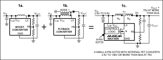 小型高电压升压转换器-Small High-Voltage,Figure 1a-1c. These high-voltage DC-DC converters in three topologies are used to create high output voltage from low input voltage.,第2张