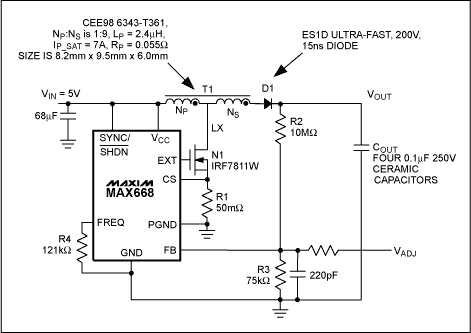 小型高电压升压转换器-Small High-Voltage,Figure 9. This circuit can be used to deliver higher power and higher output voltage.,第31张