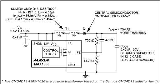 小型高电压升压转换器-Small High-Voltage,Figure 6. This circuit, whose layout is shown in Figure 2, is used to produce 75V from 2.5V.,第27张