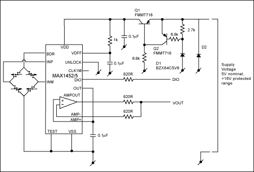 过电压保护汽车系统-Overvoltage Protecti,Figure 6. Fully protected, sensor signal conditioner circuit withstands the application of ±16V to any wiring connection.,第7张