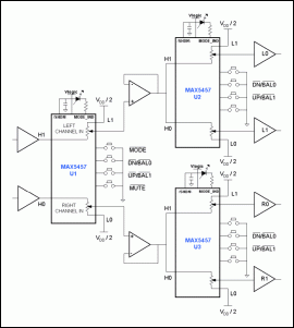 利用MAX5456MAX5457构成音量调节器,图1. 利用三片MAX5456/MAX5457 IC构成的音量调节、均衡电路,第2张