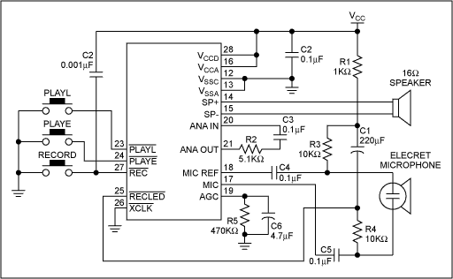 定制芯片录音电话-Chip Recorder Customi,Figure 3. Using the EEPROM internal to U5 in Figure 1, this circuit records up to 10 seconds of sound.,第4张