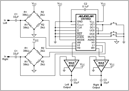 使用DS1802按钮数字电位器创建音频放大器-Using a,Figure 5. Preamp circuit with push-button attenuator.,第10张