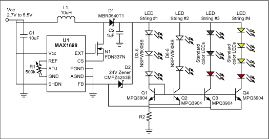 混合电路驱动器的类型和数量的LED-Circuit Driv,Figure 1. In this LED-drive circuit, a switching converter (U1) and associated components let you mix LED quantities and types.,第2张