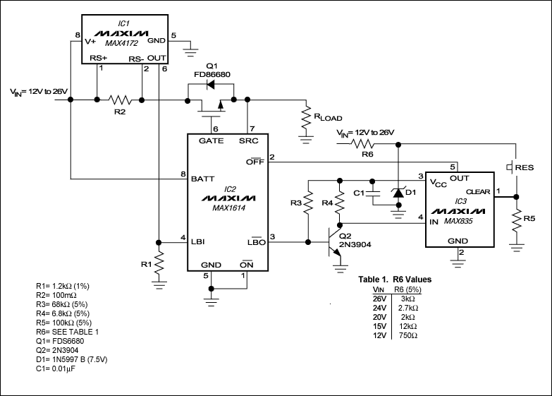 Overcurrent Monitor Operates u,Figure 1. This circuit provides overcurrent protection for supply-rail voltages to +26V. ,第2张