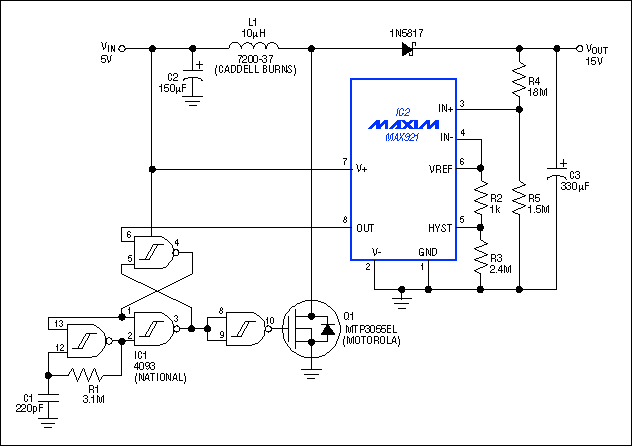 升压转换器具有较高的轻负载效率-Boost Converte,Figure 1. Consuming only microwatts of power, this 5V-to-15V boost converter provides low load currents with high efficiency.,第2张