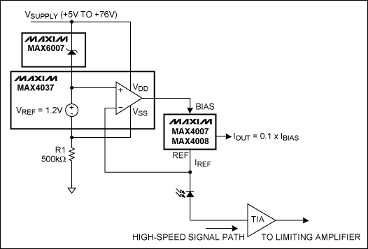 采用简单的稳压电路为高边电流监测器提供恒定电压,图3. 用于MAX4007/MAX4008电流监测器的稳压电路,第4张