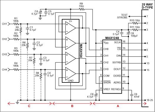 电路实现基于PC的电压测量-Circuit Enables,Figure 1. This circuit and the associated Q-BASIC listing enable a PC to monitor and measure the voltages on four input channels.,第2张