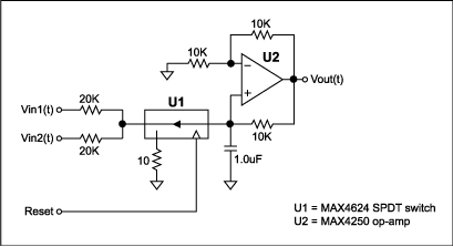 审议“ Deboo ”单电源集成-Consider the,Figure 4. This practical implementation of a Deboo integrator has two analog inputs and a reset input.,第9张