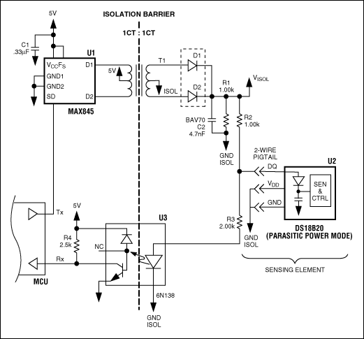 单线串行总线载体隔离的电源和数据-Single-Wire S,Figure 1. Using the Dallas Semiconductor 1-Wire serial bus, this interface circuit provides isolated power and bidirectional communications between a master (MCU) and a sensing element.,第2张