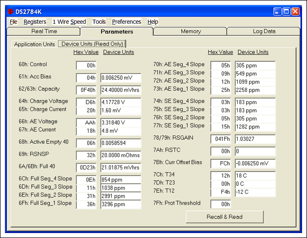 如何在DS2784中存储电量计参数,图2. Parameters表格的Device Units子表格中给出了DS2784实际保存的参数。,第3张