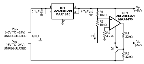 利用空闲运放产生稳定的负电源 Spare Op Amp Ge,Figure 1. This circuit derives a regulated ± voltage from ± unregulated input voltages.,第2张