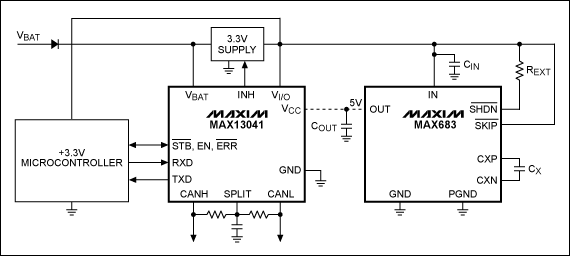 Achieving Standardized HS-CAN,Figure 2. A circuit for supplying the MAX13041 CAN transceiver with the MAX683 charge pump.,第3张