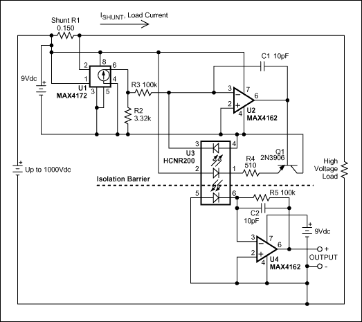 利用光电耦合器将高端电流检测器的工作电压扩展至1kV,Figure 1. The ground-referenced output voltage Vout = Ishunt (4.80V/A) is proportional to the high-side load current. As configured, the circuit measures load currents to 1A.,第2张