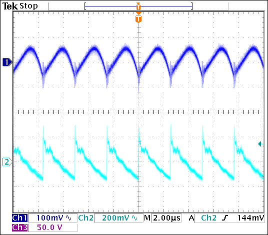 雪崩光电二极管(APD)偏置电源及其电流监测,图4. VIN = 3.3V、APD电流为4mA时的输入纹波(通道1)和输出纹波(通道2)。,第5张