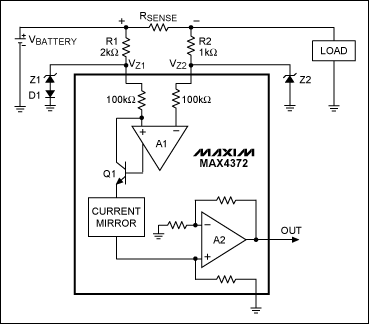 检流放大器带有保护电路,图1. 该检流放大器带有保护电路(上部电路元件)，适合于共模电压高于30V的应用。,第2张
