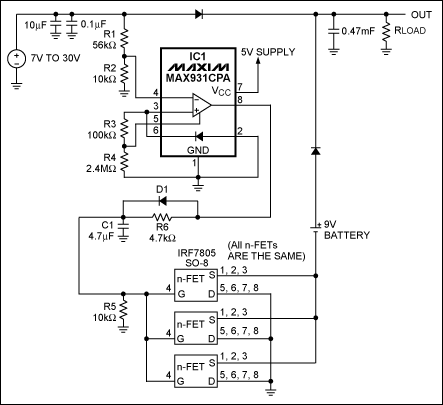 Battery Backup with Delay(具有时滞,Figure 1. IC1, the MAX931 comparator, monitors the main supply voltage. It also turns on the backup battery by grounding its negative terminal when the main supply drops below 7.4V.,第2张