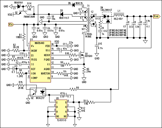 用于电信数据通信的隔离式电源,Figure 1. Schematic diagram of 48V in and 5V out @ 10A isolated power supply.,第2张