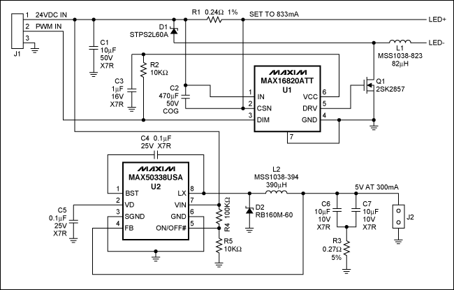 MR-16 LED驱动器和用于脉冲LED冷却器供电的5V辅助,Figure 1. Schematic of the driver design.,第2张