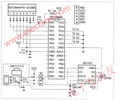 基于无字库12864液晶模块的日历钟设计制作,电路原理 www.elecfans.com,第2张