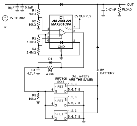 带有延时的备份电池方案,图1. IC1 MAX931比较器用于监测主电源电压。当主电源电压下降到7.4V以下时，它可以通过将电池负端接地接通备用电池。,第2张