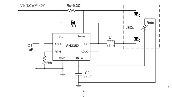 大功率LED驱动的温度补偿技术,图3 SN3352 驱动单路LED典型应用图,第4张
