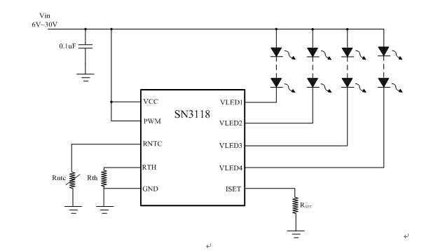 大功率LED驱动的温度补偿技术,图6 SN3118驱动LED典型应用图,第12张