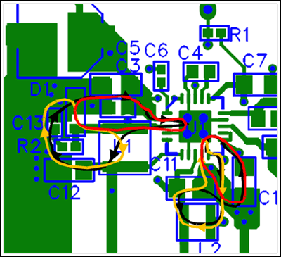 Layout Guidelines with Example,Figure 12. Current paths: black Is the ON cycle; orange Is the OFF cycle; red Is the difference.,第13张