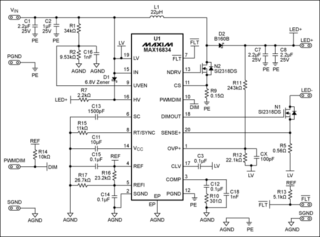 采用MAX16834设计buck-boost LED驱动器,图2. LED驱动器原理图,第2张