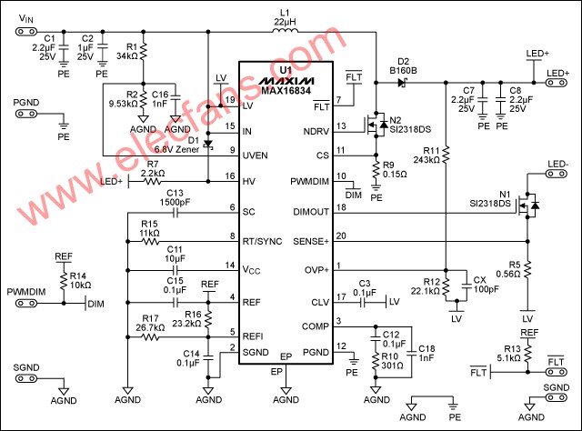 MAX16834构成的LED驱动器电路原理图,第2张