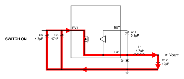 MAX16922汽车PMIC(电源管理IC)的布线准则,图1. DMOS导通时的OUT1电流通路,第2张
