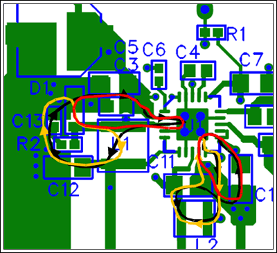 MAX16922汽车PMIC(电源管理IC)的布线准则,图12. 电流通路：黑色表示开关导通期间；橙色表示开关断开期间；红色是两者的过度。,第13张