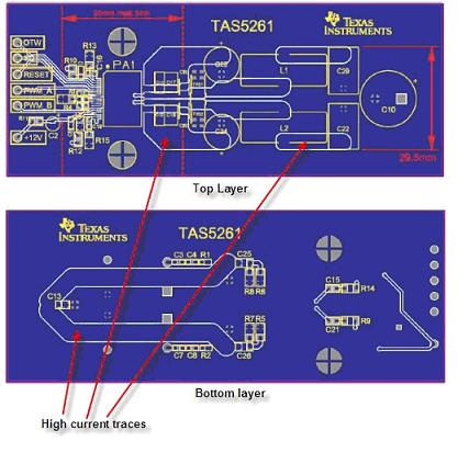 高功率数字放大器的设计挑战,TAS5261 参考设计 PCB 的高电流信号线范例,第4张