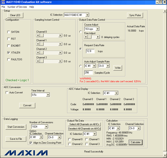 Signal conditioning for a sigm,Figure 4. The MAX11040EVKIT GUI allows a user to conveniently set various measurement conditions: 12.8ksps, 256 samples/cycle, and 1024 as the number of conversions. Additionally, the calculation section of the GUI provides a convenient tool for engineering fast evaluations.,第6张