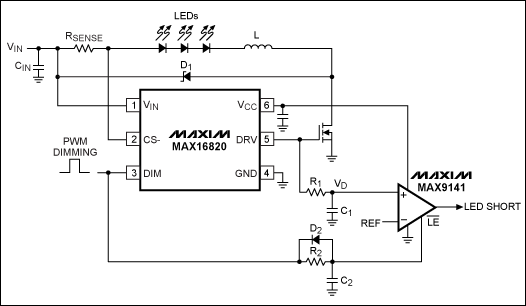 Diagnose LEDs by monitoring th,Figure 2. Adding this comparator circuit to the Figure 1 circuit provides detection of shorted LEDs.,第3张