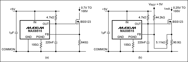 Precision constant-current sin,Figure 1. These current-sink circuits produce 1mA with an output-compliance range of 0.7V to 50V (a), and 0.25V to 50V (b).,第2张