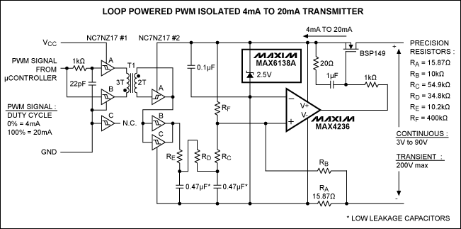PWM-controlled 4–20mA transmit,Figure 1. This loop-powered 4–20mA transmitter features PWM drive and galvanic isolation from the input signal.,第2张